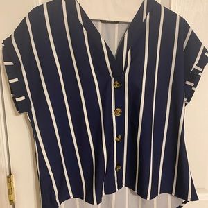 Blue and white striped short sleeve blouse with buttons